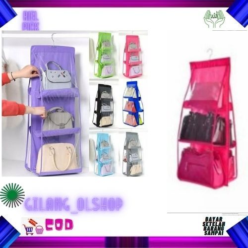 RAK TAS GANTUNG 3 SUSUN 6 SLOT POLOS PLASTIK BAG ORGANIZER HANGING