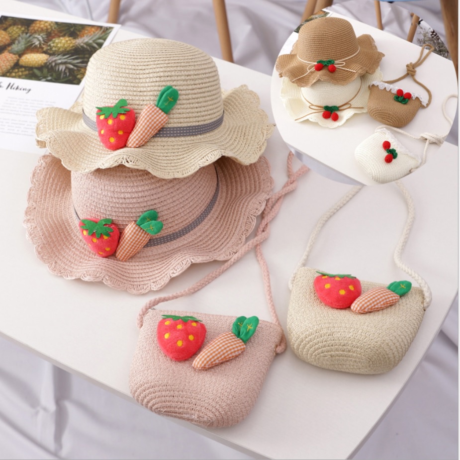 Topi bulat anak / topi anyam anak dan tas anyam anak strawberry wortel