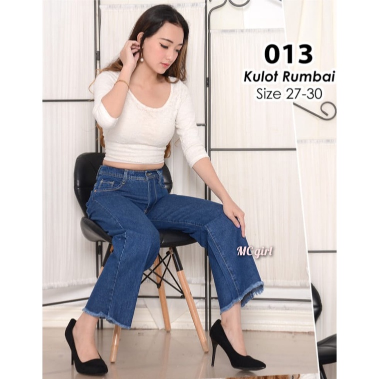 MC girl - Celana Jeans Premium Kulot Panjang Rawis Warna Biru Tua Wanita / Kulot Boyfriend Lepis Rumbai Colour Dark Blue