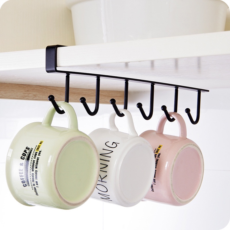 6 Hooks Cup Holder Hang Kitchen Cabinet Under Shelf Storage Rack Organiser Hook OW