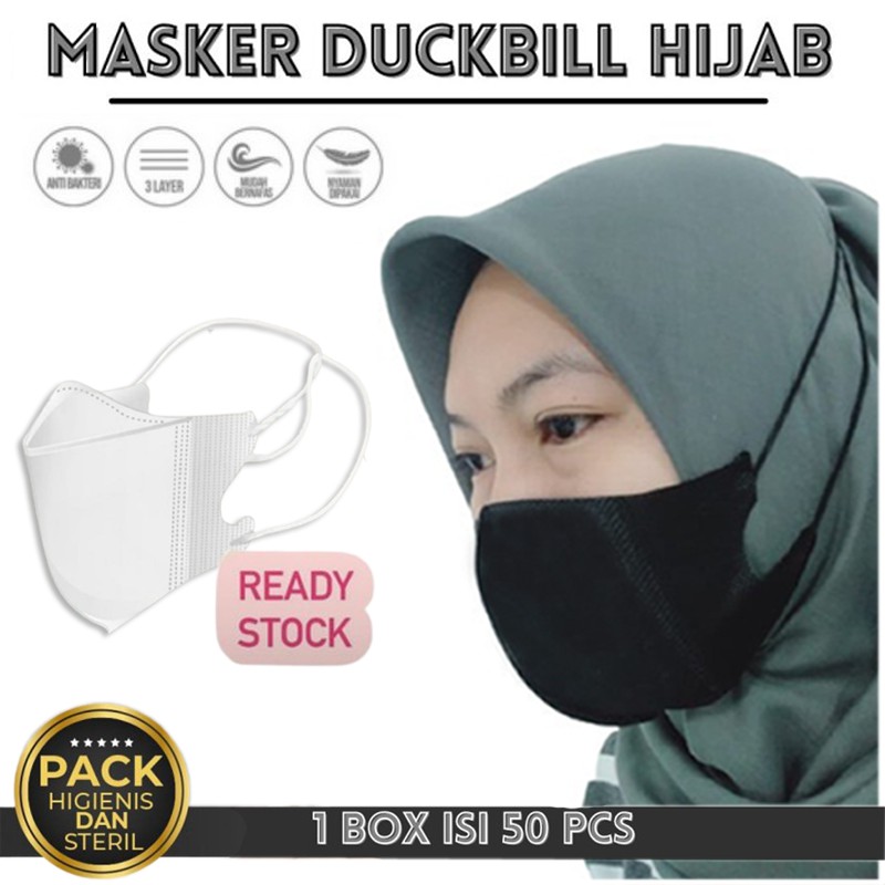 Masker 1Box isi 50Pcs Masker Hijab Duckbill Headloop Mask Disposable Mask Earloop Free Konektor JSP