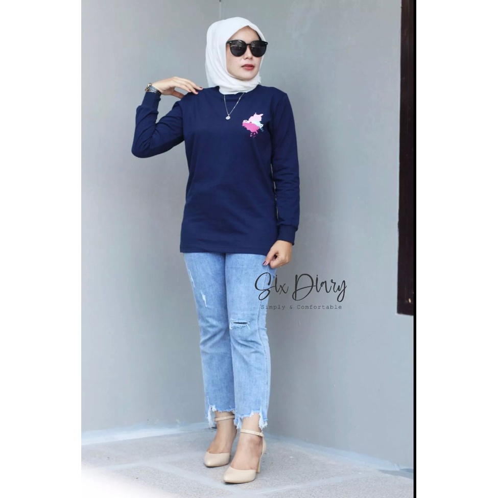 Kaos Wanita Atasan Wanita Kaos Lengan Panjang Wanita Six Diary WARNA navy Motif kupu-kupu // SIX DIARY/ATASAN WANITA/PAKAIAN WANITA TERBARU 2022