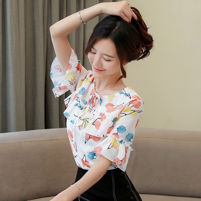 [baju wanita import] blouse Wanita Casual Lengan Pendek Model Longgar Bahan Sifon Versi Korea