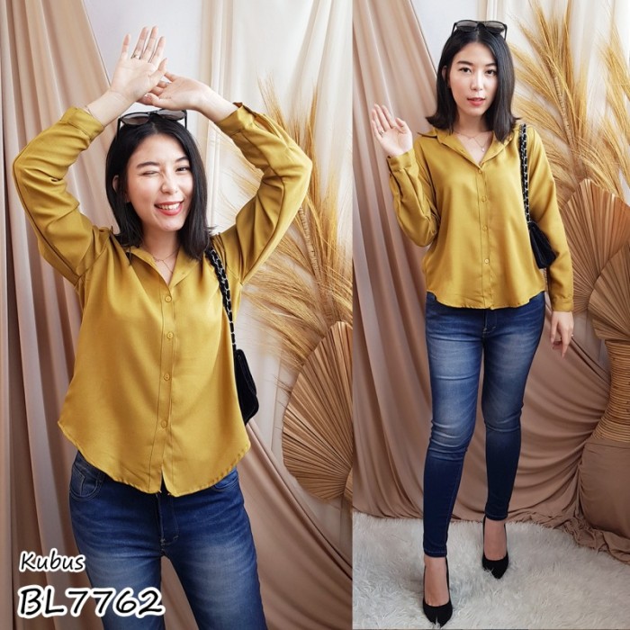 Ds51C1 Kemeja Wanita / Cewek Lengan Panjang Warna Polos - Long Hem Fe5E2D