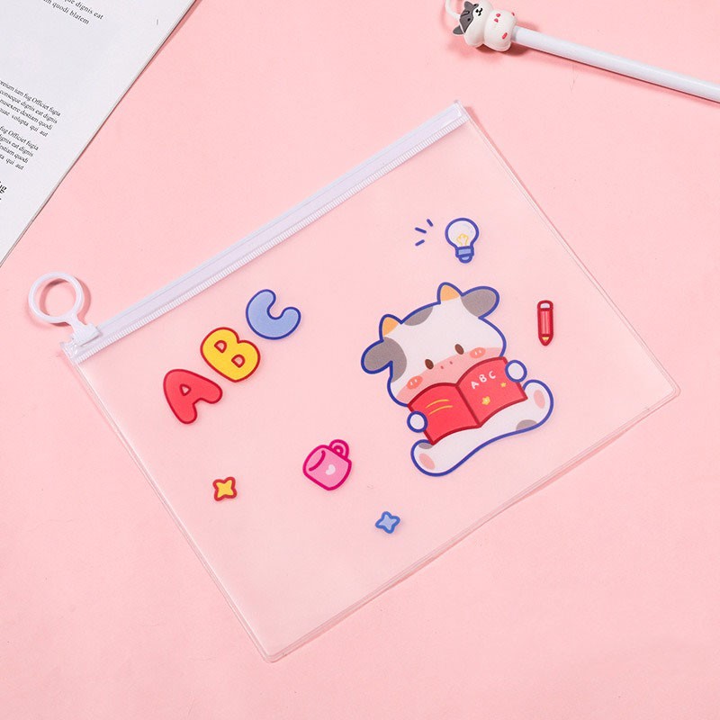 MURMURE.ID | ZIPPER BAG TRANSPARAN MOTIF LUCU BUNGA AVOCADO PISANG KOREA TEMPAT PENSIL-COW - ABC