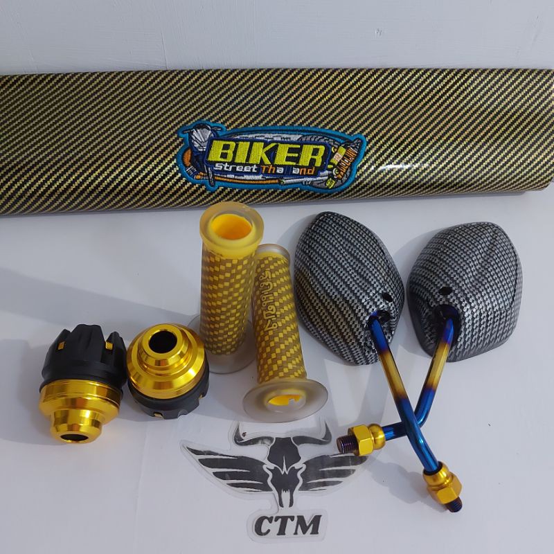 [PAKET 4B] SPION BEAT TWOTONE + GRIP CARBON + SARUNG KULIT JOK + JALU AS RODA DEPAN - GOLD