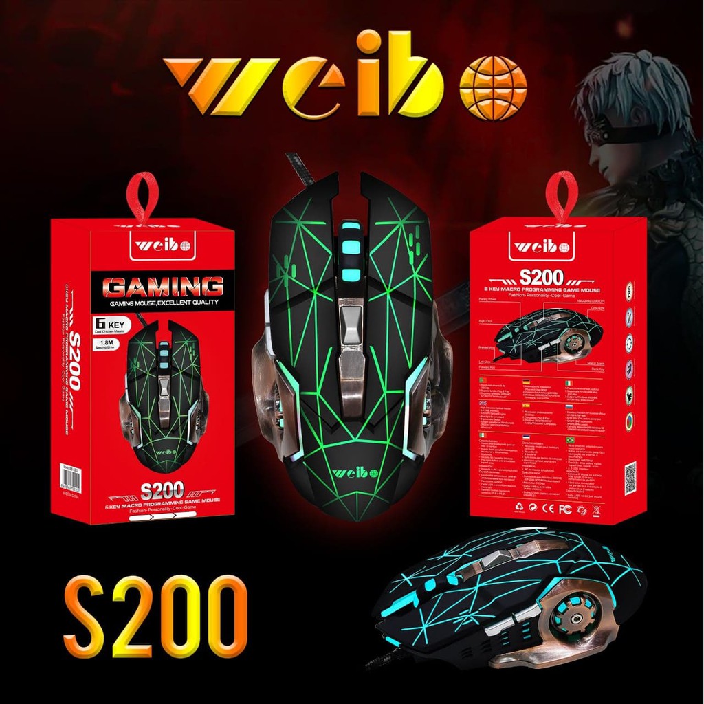 Hot Promo! MOUSE GAMING WEIBO WB S200 BLACK LIGHT CABLE GAMING MURAH Baru!