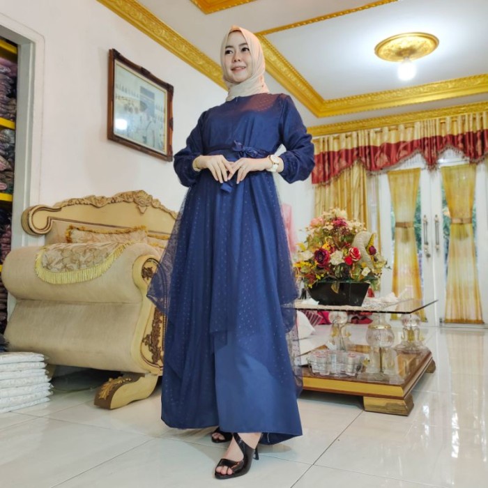Gamis Maxi Terbaru Dress Pesta Full Tile Dotty Yuriko - Navy