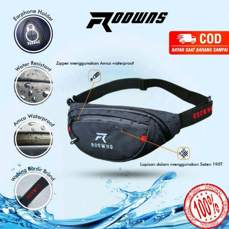 Tas Selempang Pria ROOWNS Original Waterproof Waist Bag Pria Anti Air Premium Murah Not Arei Tnf