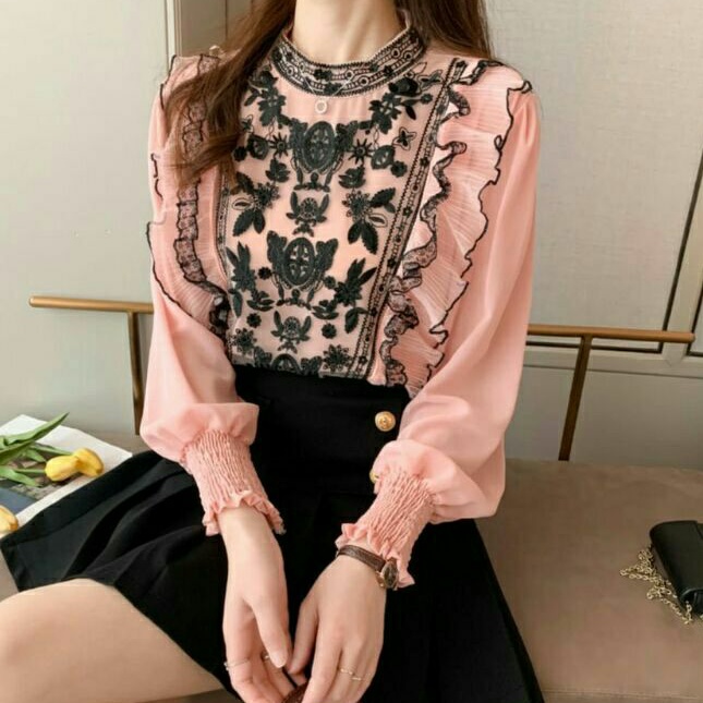 7656 Baju atasan blouse ruffle bordir lengan panjang korean style wanita import baju atasan blouse b
