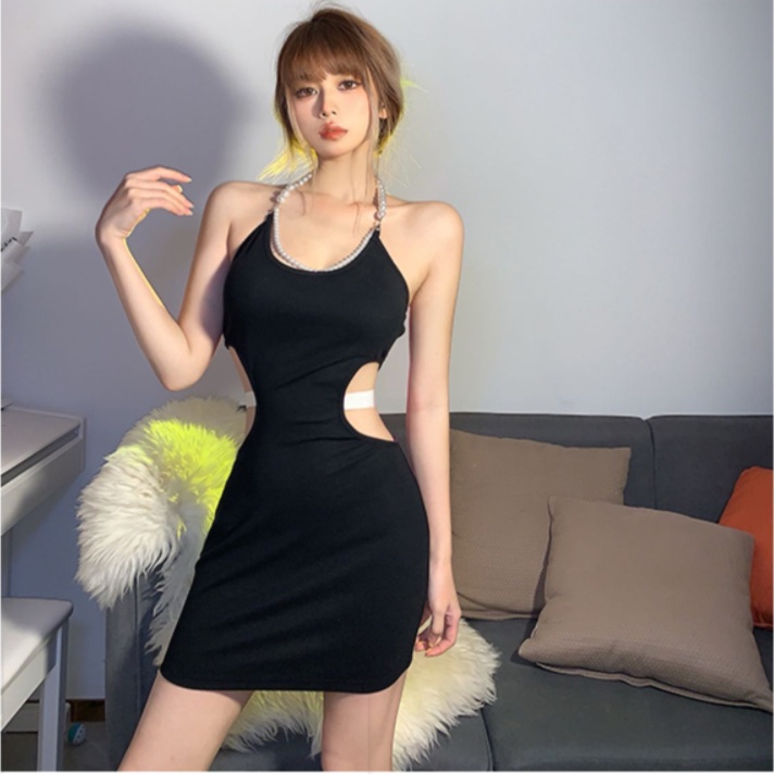 【AMY J】Pearl Necklace Street Fashion Trend Design  Tight-Fitting Mini Dress 7034