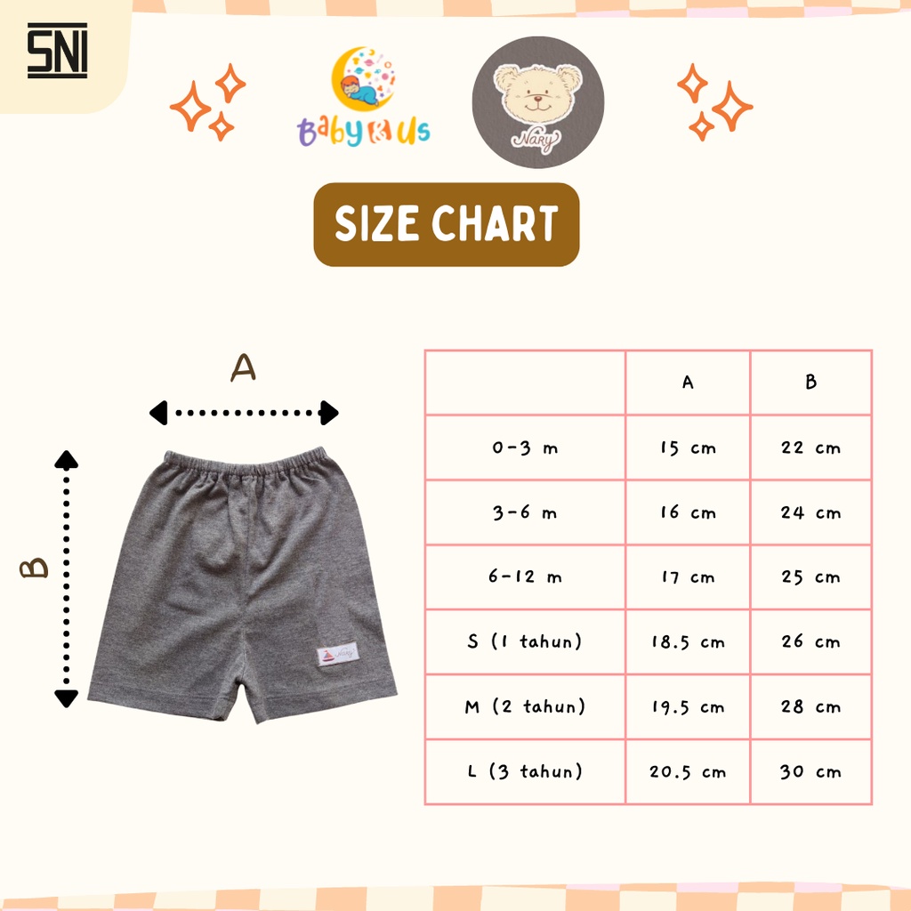 Celana Pendek Nary -  Short Pants Kaos Bayi Lembut 0-3 3-6 6-12 bulan