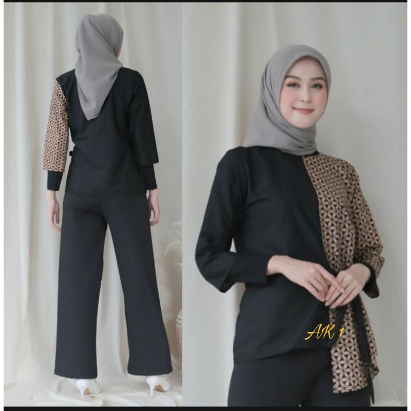 tey-17 Batik wanita ASJ SA HRB026 Kenongo Kemeja Tosca Pendek-Akhwa Bintang Hitam