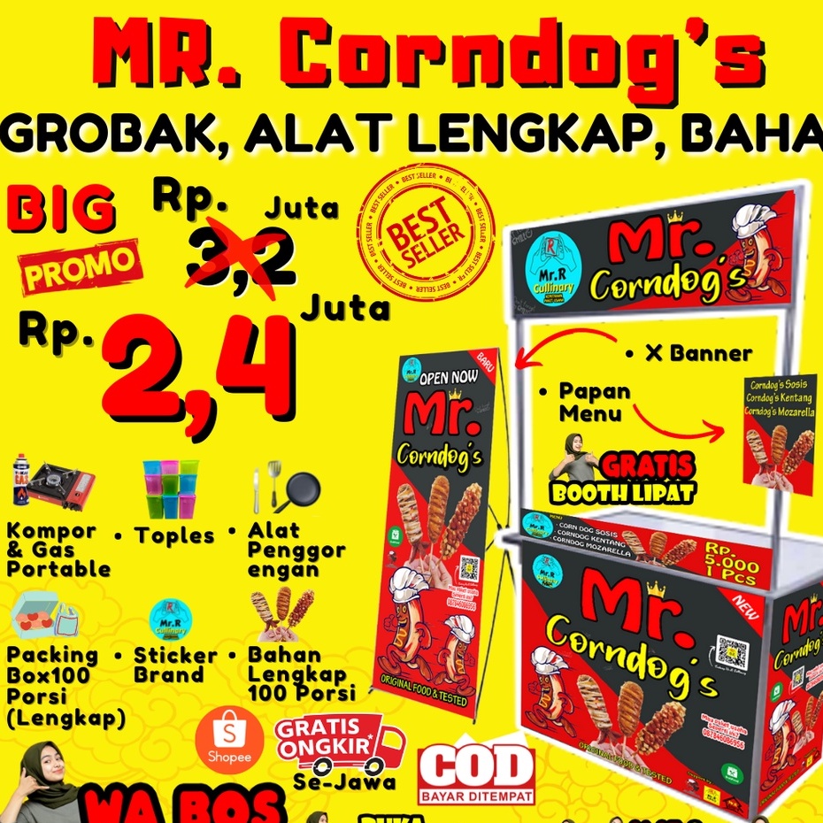 

Mr.CORNDOG'S NEW|| MR.R CULLINARY (FRANCHAISE,PAKET USAHA,KEMITRAAN) GROBAK/BOOTH PORTABLE,ALAT LENGKAP, DAN BAHAN BAKU UTAMA