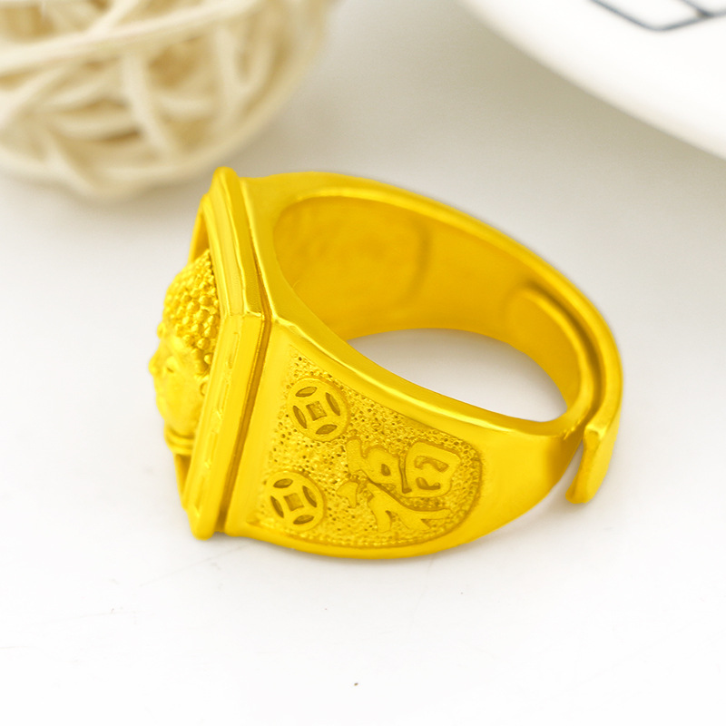 Cincin Emas Asli Kadar 375 Model Terbuka Dapat Disesuaikan Desain Patung Buddha Untuk Pria