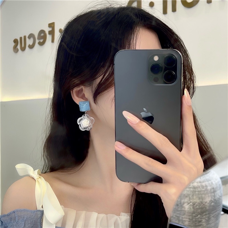 Anting S925 Silver Needle Bentuk Bunga Biru Gaya Korea Untuk Wanita