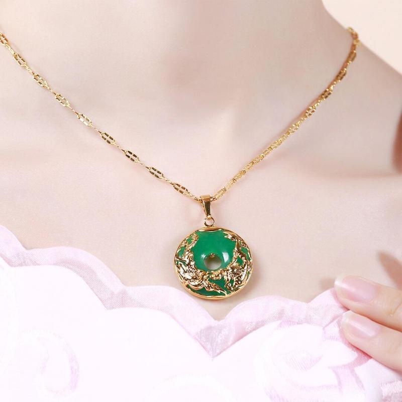 Chinese Style Mythical Animal Green Chalcedony Necklace/ Gold Color Dragon Phoenix Jade Pendant Necklace/ Lucky Circle Clavicle Necklace/ Amulet Jewelry Accessories Gifts