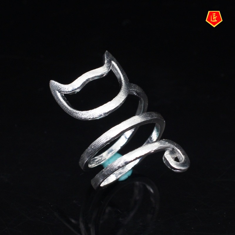 [Ready Stock]Original Design 925 Silver Personality Winding Brushed Cute Cat Ring