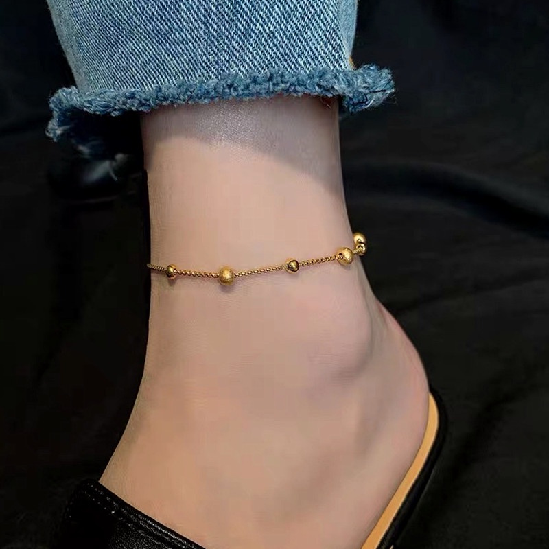 Gelang Titanium Serut Manik Matte Emas 18K Cantik Anti Karat Perhiasan Wanita Korea