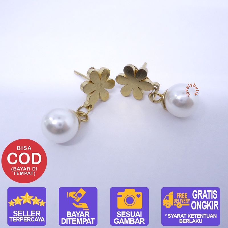 Lovelybutik - Anting Titanium Wanita Anti Karat  Love Flower Anting Tindik Titanium Wanita Gandulan Mutiara BONUS KOTA PERHIASAN [Emas]