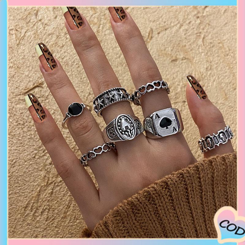 COD❤️ 7 PCS Cincin Set Retro Pria Dan Wanita Vintage Kreatif Fashion Perhiasan Temperamen Suasana Sederhana