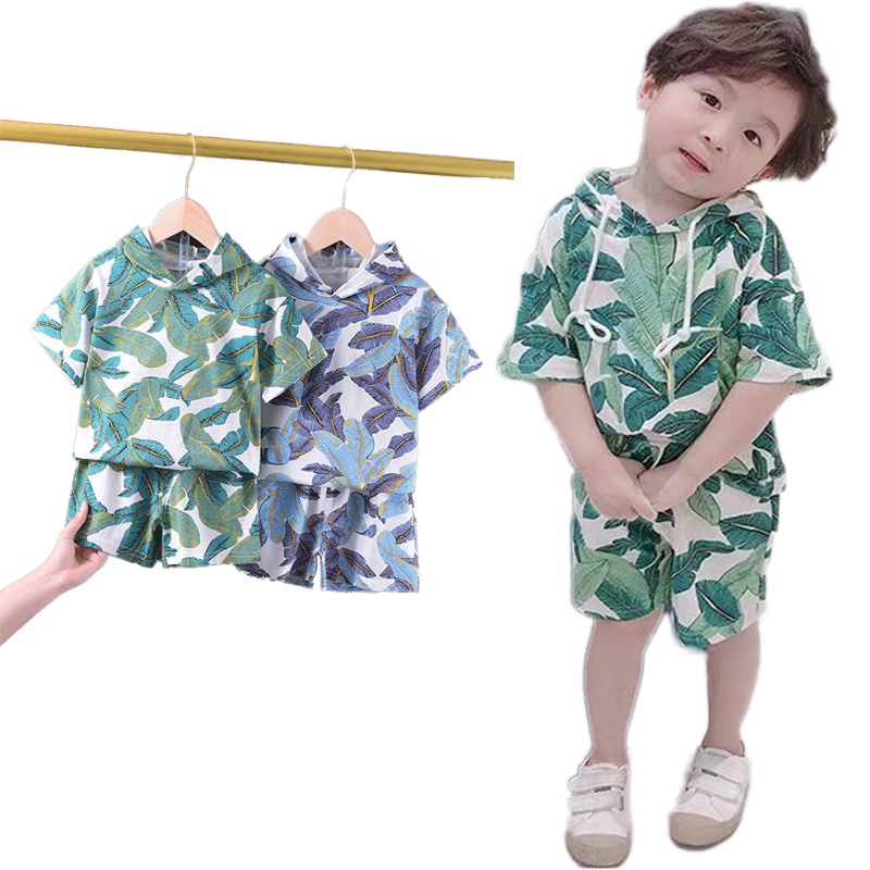 12.12 SALES!2Pcs Setelan Anak Laki-Laki Blus Sablon Bunga Lengan Pendek Modis Dengan Topi + Celana Pendek Set Pakaian