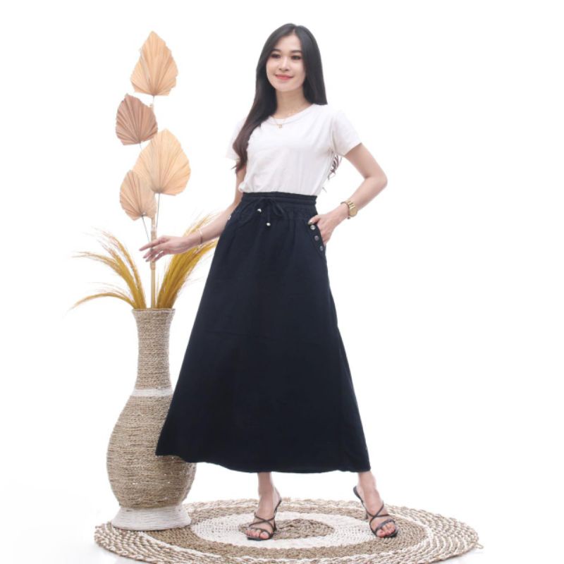 Rok Jins Panjang Wanita Polos Denim Jumbo Premium Warna Hitam Biru