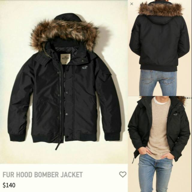 Jaket Bomber Hollister Winter Fur Hoodie Jacket Original Black