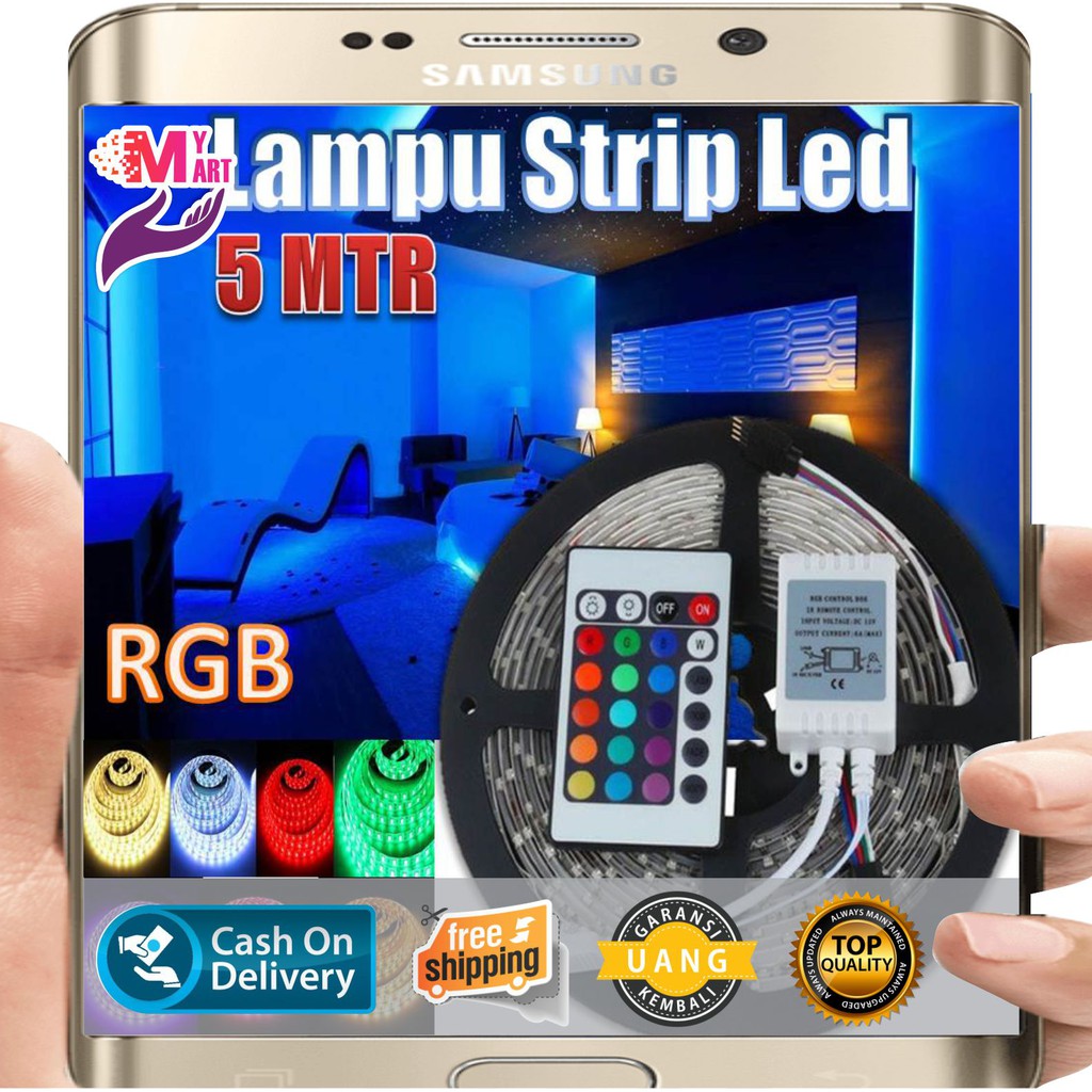 Lampu Strip LED RGB 5 MTR IP44 3528 Komplit Adaptor Remote