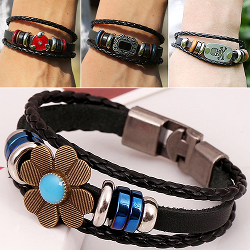 Hu Hu Hu Hu Hu Alat Bantu Pasang Kacamata♡ Gelang Bangle Retro Punk Kulit Imitasi Multilayer Aksen Manikmanik Bunga Untuk Priawanita