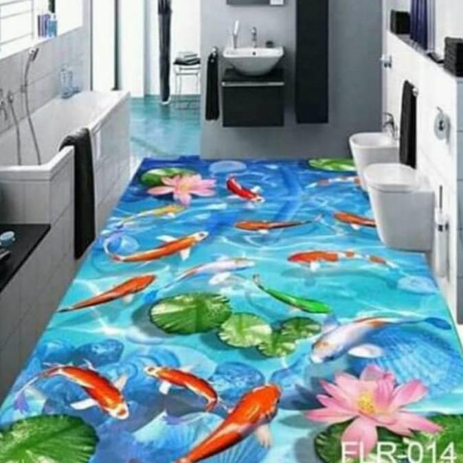 WALLPAPER CUSTOM 3D LANTAI WALLPAPER STIKER LANTAI IKAN KOI BIRU Termurah