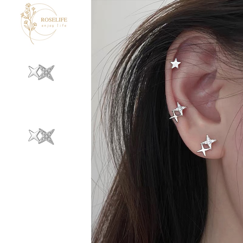 Roselife 1 Pasang Anting Tusuk Sterling Silver 925 Desain Salib / Bintang Hias Cubic Zirconia Untuk Wanita