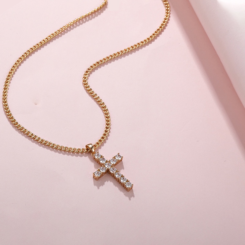 Retro Cross Kalung Emas Cubic Zirconia Hias Wanita Fashion Aksesori Hadiah - ol