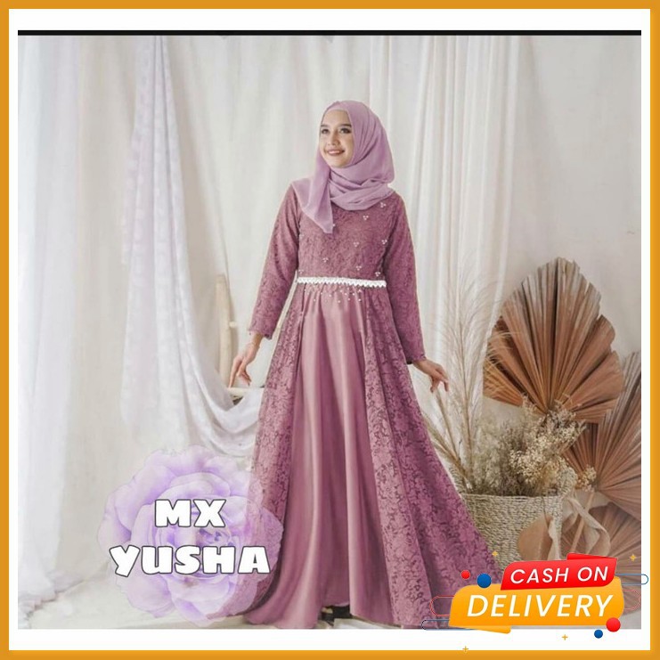 Baju Gamis Fashion Muslim Syari Pesta Abaya Turkey Wanita Kekinia BJ218 Maxi Yusha Brukat Dusty [Gam