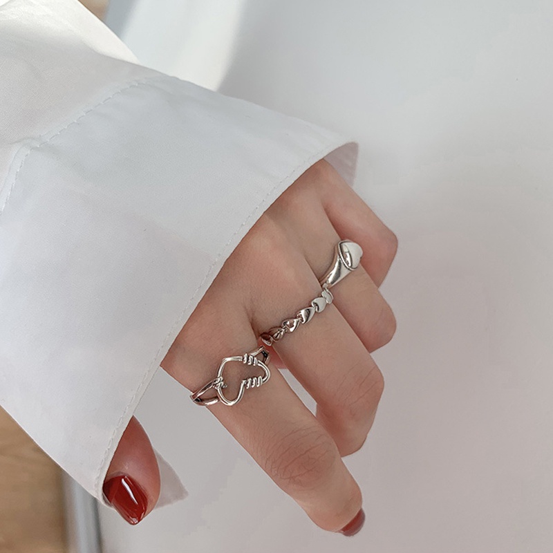 3pcs / Set Cincin Adjustable Bentuk Hati Warna Silver Gaya Korea Untuk Wanita