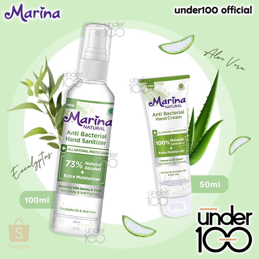 ❤ Under100 ❤ Marina Anti Bacterial Hand Sanitizer 73% Natural Alcohol + Extra Moisturizer 100ml | Hand Cream 50ml