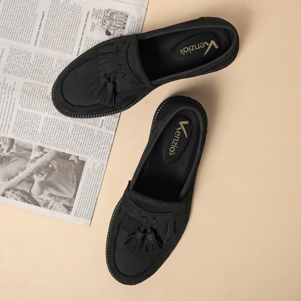 Gates Black Doff | Sepatu Kulit Asli Casual Matte Vintage Loafers Klasik Pria Cowok Slip On Original | FORIND x Kenzios