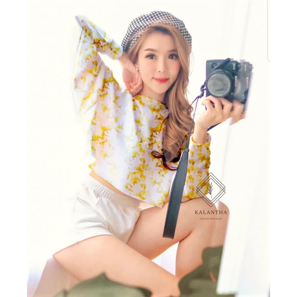 SALE  KALANTHA FASHION Tie Dye Crop Top Atasan Wanita Lengan Panjang Motif Abstrak Hits