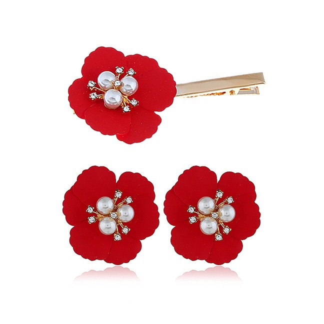 LRC Jepit Rambut Fashion Red Alloy Flower Pearl Earrings Hair Clip Set F61976