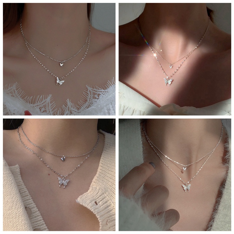 New Trendy Double Layer Rhinestone Butterfly Chain Choker Necklace For Women Silver Color Simple Chain Necklaces Jewelry|Chain Necklaces