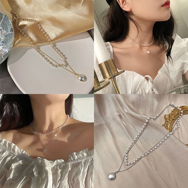 Kalung Rantai Klavikula Liontin Mutiara Ganda Warna Silver Untuk Wanita