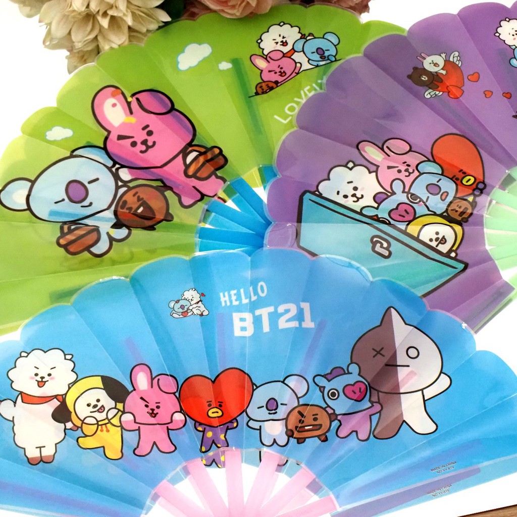 Kipas Lipat BT21 Portable Karakter BTS Kipas Tangan Plastik Genggam Mini Motif Warna Warni Murah Por