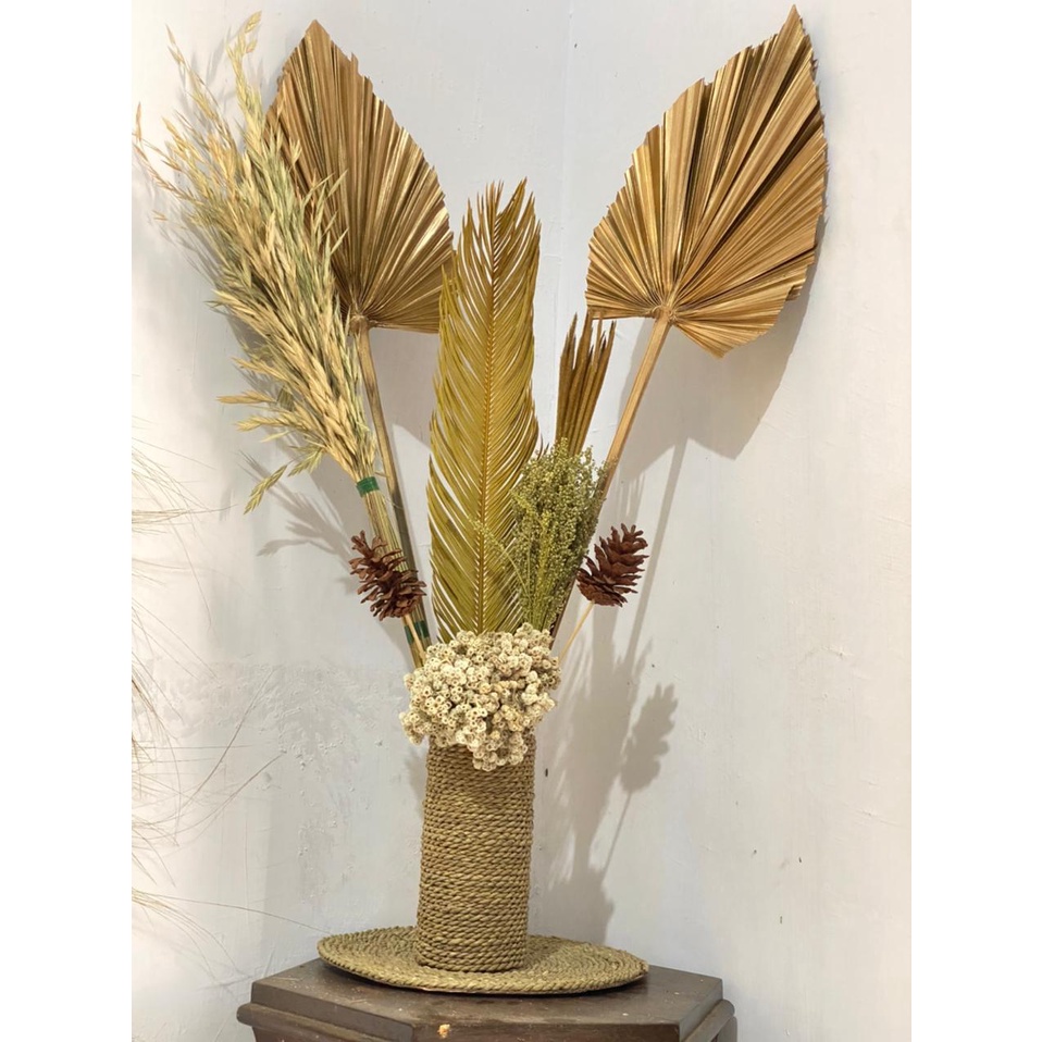 PAKET LENGKAP MURAH DAUN PALEM KERING-SIKAS-CANTEL-BUNGA RUSTIC AESTHETIC-DEKORASI RUSTIC-BUNGA KERI