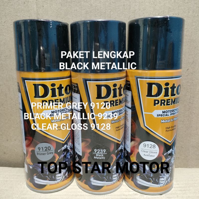 Pilok Paket Lengkap Cat Diton Premium Primer Grey 9120 Black Metallic 9239 Clear Gloss 9128 400cc.. Pilok Paketan Black Metallic Cat Semprot Diton Premium 400cc