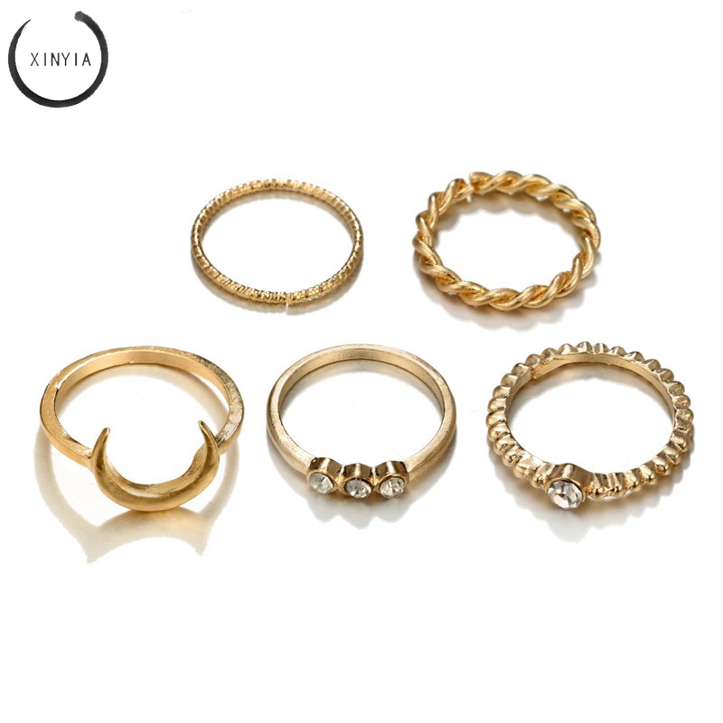 5Pcs Cincin Vintage Boho Model Stackable Bulan untuk Wanita