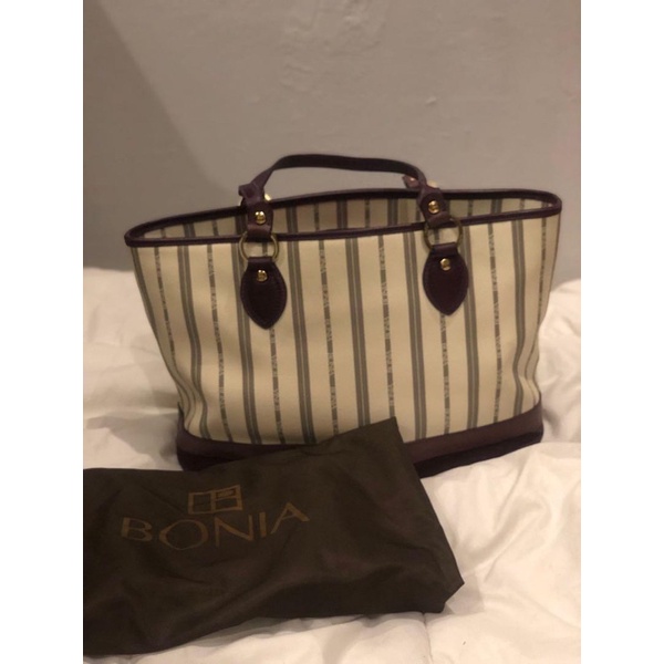 LIKE NEW TAS BONIA WHITE GREY STRIPE BURGUNDY BAG BRANDED AUTHENTIC ORIGINAL SELEMPANG SHOULDER BAG 