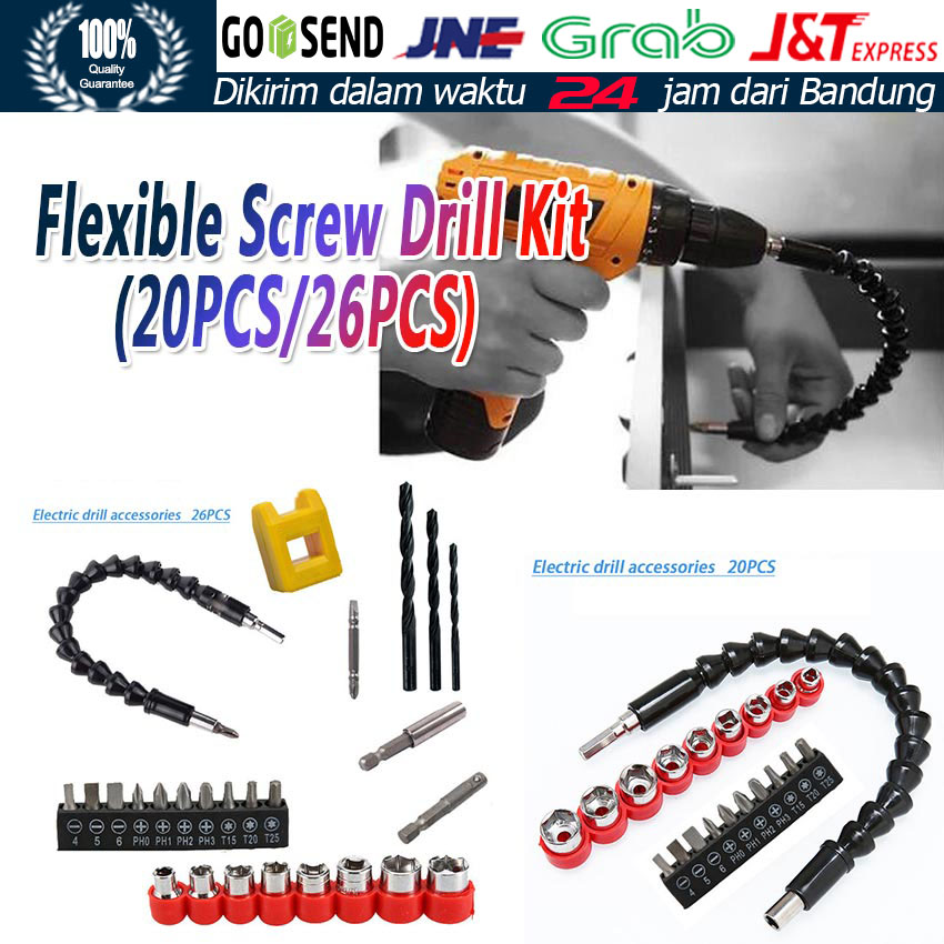 20 / 26pcs Set Mata Bor Obeng Tangan Listrik Dengan Selang Fleksibel Mesin Bor Screwdriver Extension