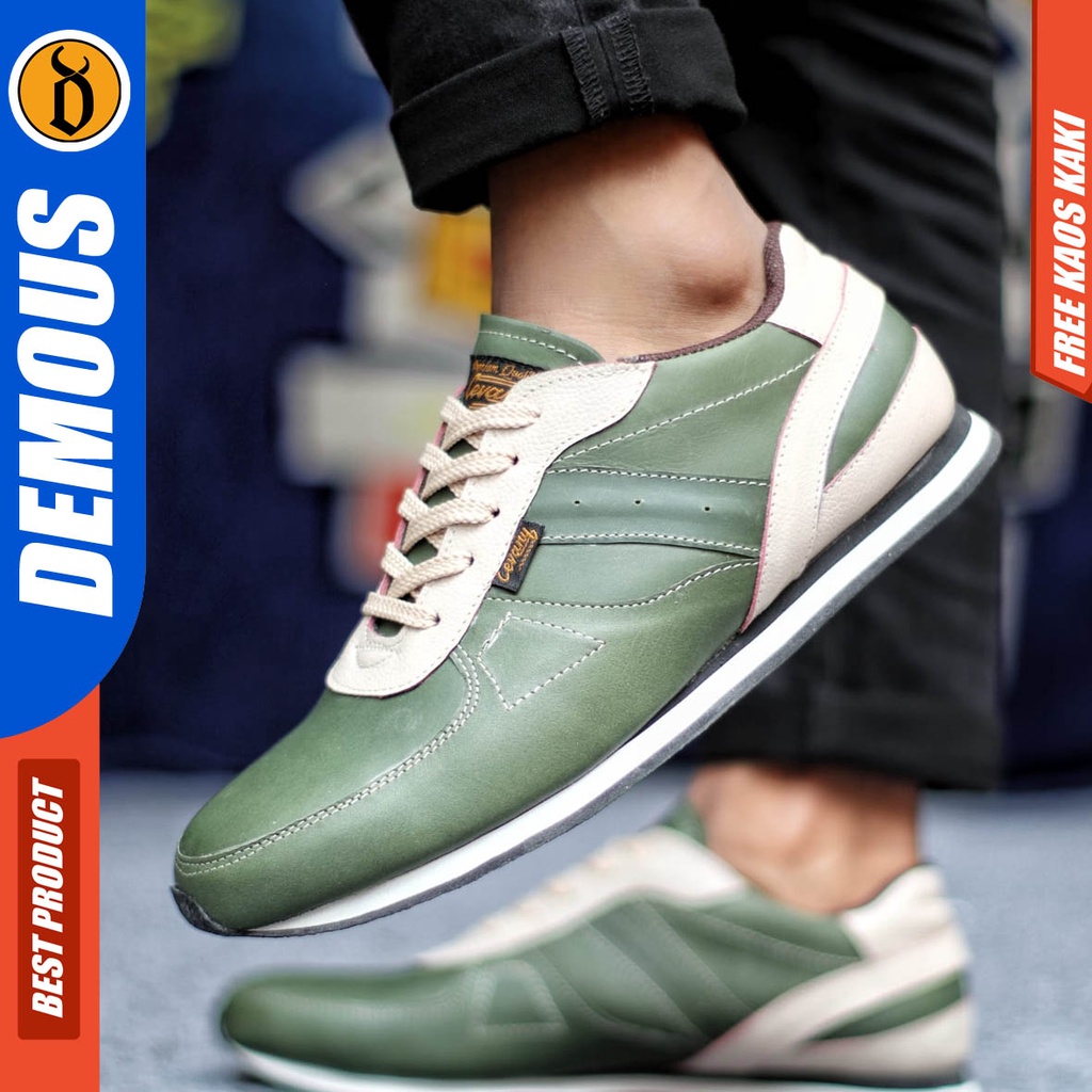 Sepatu Sneakers Pria Kasual Kulit Asli Sporty Kerja Hitam Putih Demous Jellal