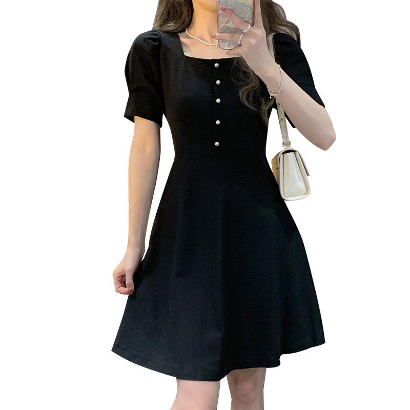 [littlecrab] Dress Hitam Classic With Pearl Squareneck A-Line Simple Elegan Dress Pendek Gaun Pesta Import Modern Berkualitas Korean Style