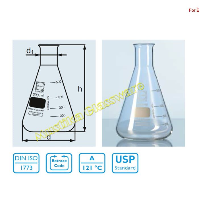 Erlenmeyer glass cap. 250 ml, DURAN (mulut kecil)/ Labu Erlenmeyer